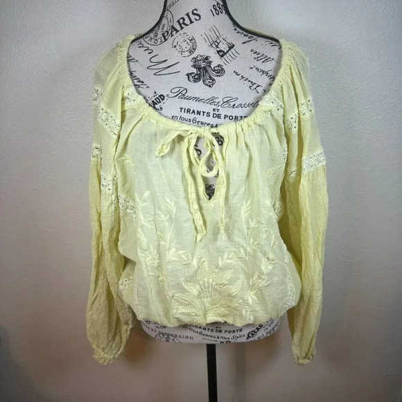 Free People Maria Maria Lace Yellow Embroidered Peasant Boho Top Size S - Picture 4 of 11